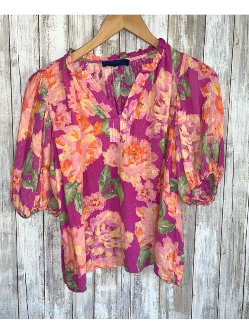 Rachel Roy Floral Blouse Medium Pink Orange Puff Sleeve Boho Top Women